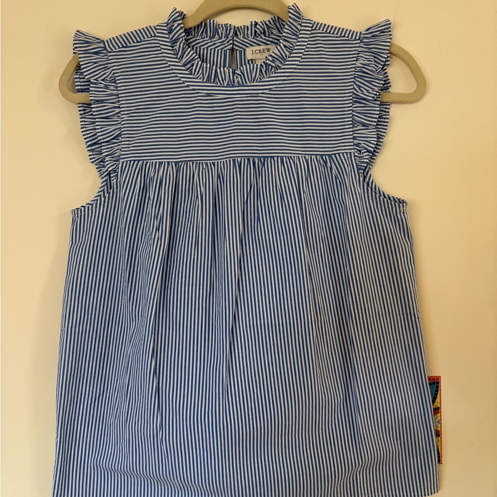 NWT J. Crew Blue and White Striped Ruffle Top- Size 2